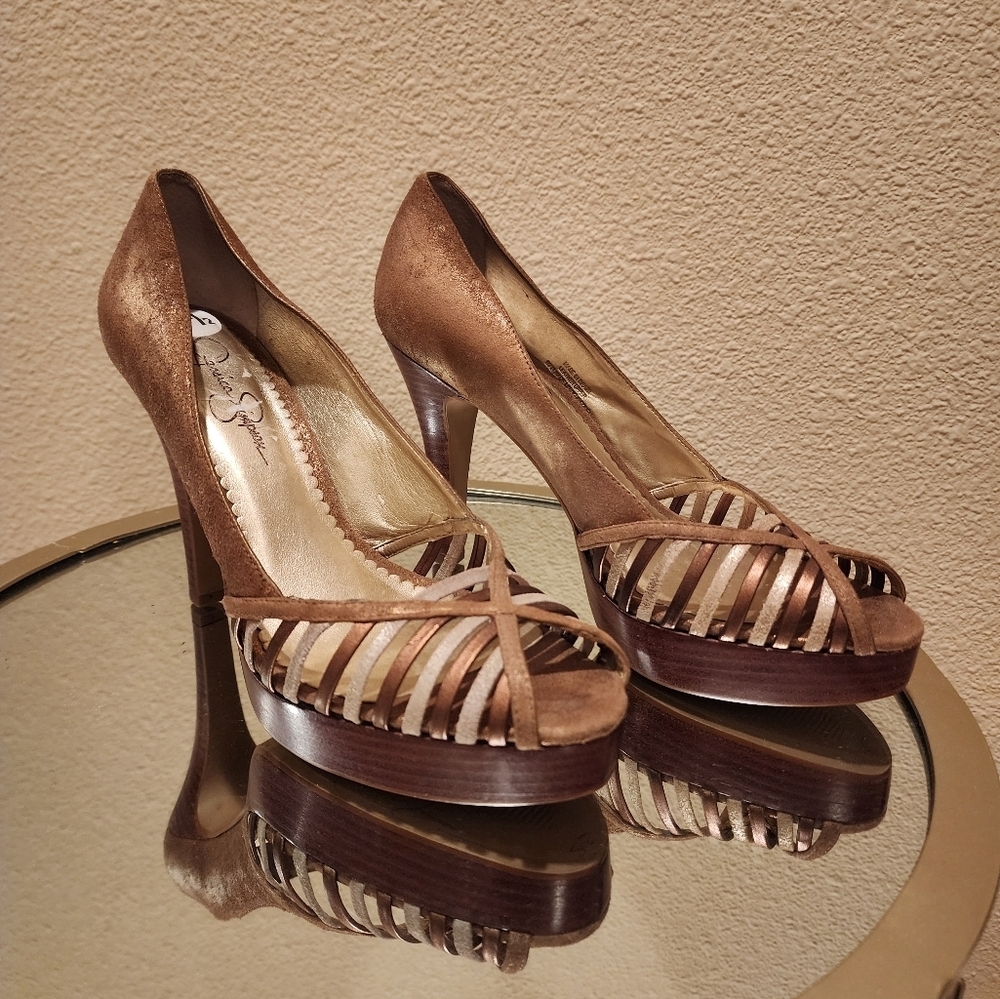 Jessica Simpson Leather Brown Gold Silver Heels Size 8.5B - Picture 2 of 7